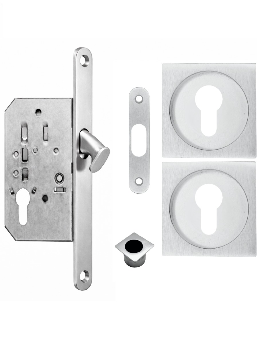 Acre & Clutton Sliding Door Flush Pull Handle Set Euro Lock Profile 53mm Satin Chrome