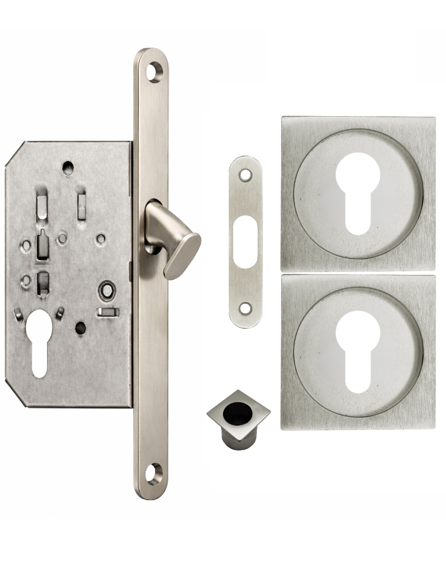 Acre & Clutton Sliding Door Flush Pull Handle Set Euro Lock Profile 53mm Satin Nickel