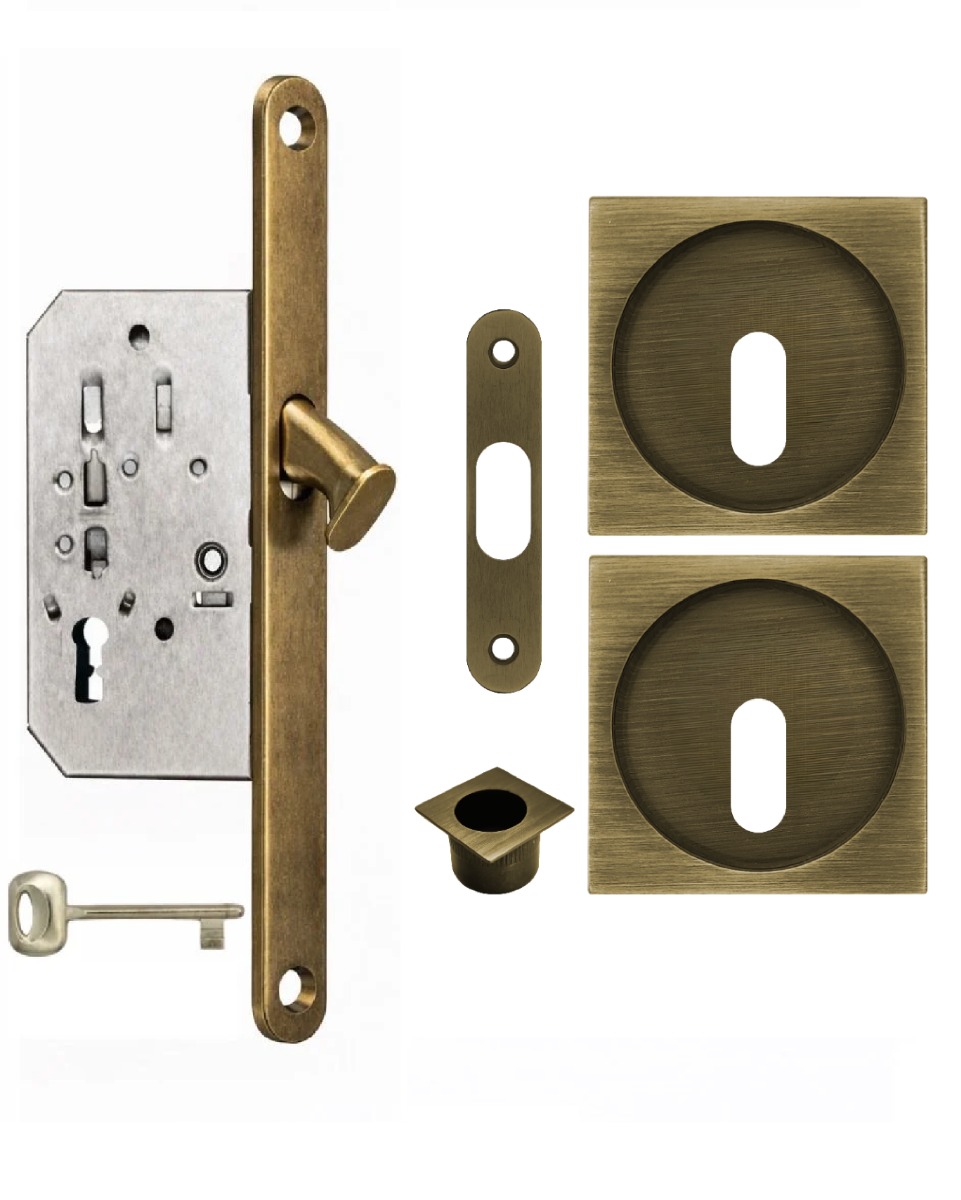 Acre & Clutton Sliding Door Flush Pull Handle Set Key Profile 53mm Antique Brass