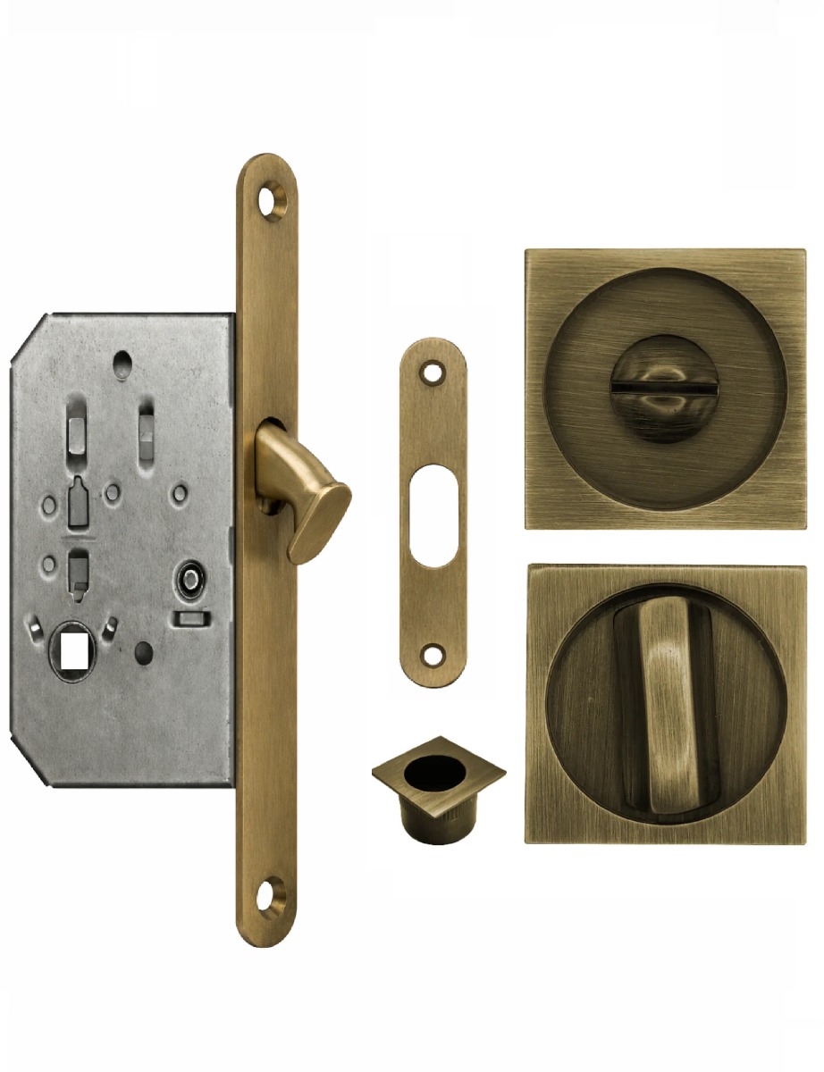 Acre & Clutton Sliding & Pocket Door Flush Pull Handle Lock Set w/WC Turn 53mm Antique Brass