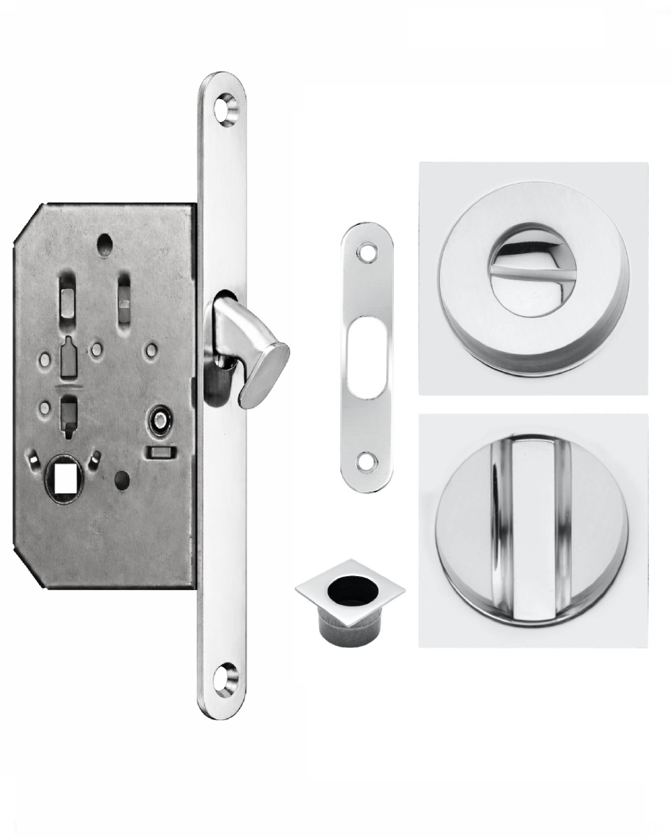 Acre & Clutton Sliding & Pocket Door Flush Pull Handle Lock Set w/WC Turn 53mm Polished Chrome
