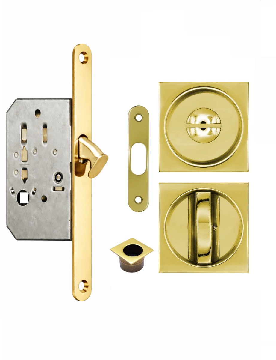 Acre & Clutton Sliding & Pocket Door Flush Pull Handle Lock Set w/WC Turn 53mm Polished Brass