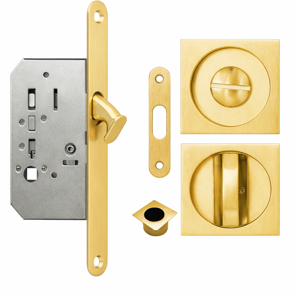 Acre & Clutton Sliding & Pocket Door Flush Pull Handle Lock Set w/ WC Turn 53mm Satin Brass