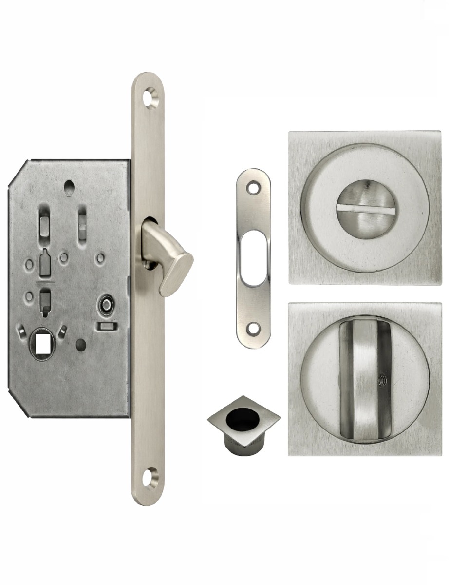 Acre & Clutton Sliding & Pocket Door Flush Pull Handle Lock Set w/WC Turn 53mm Satin Nickel