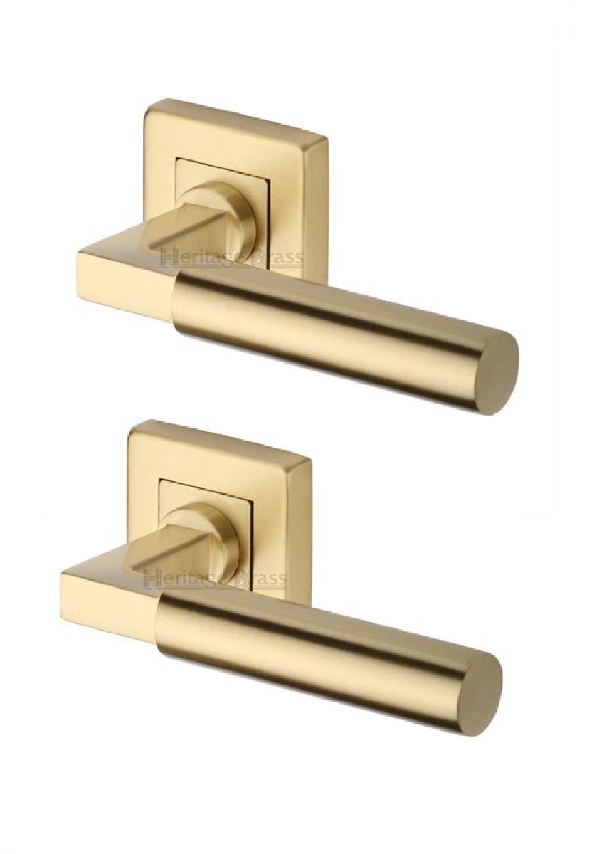 Heritage Brass SQ1926-SB Door Handle Lever on Rose Bauhaus Sq Design Satin Brass Finish
