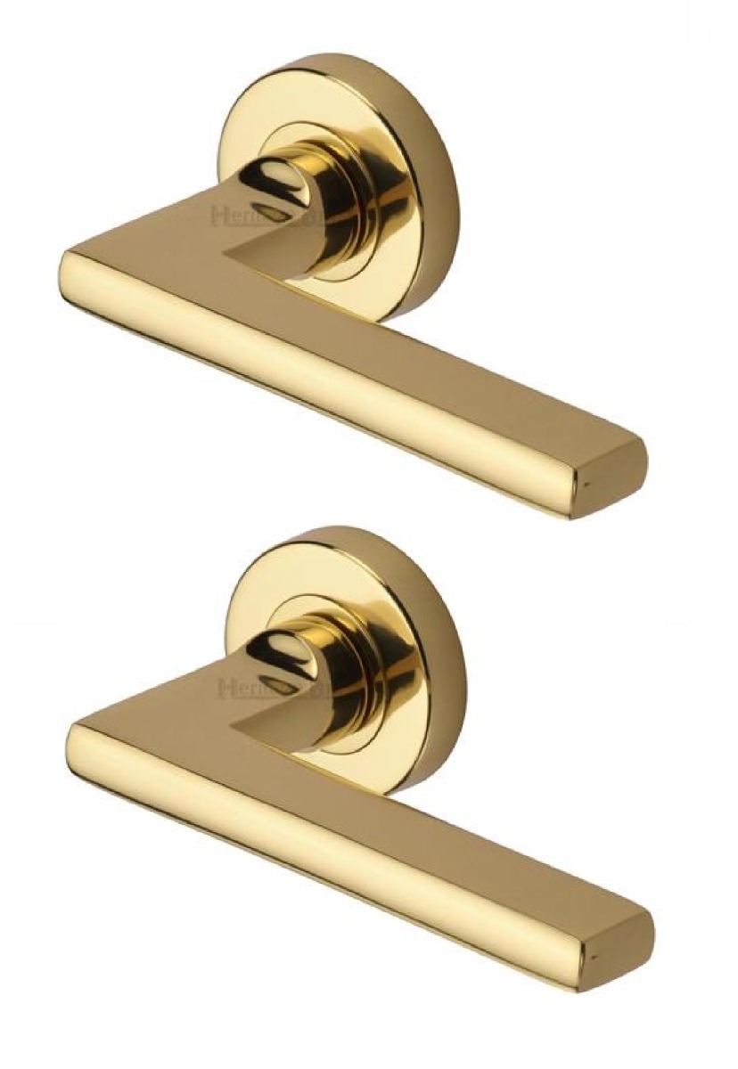 Heritage Brass TRI1352-PB Door Handle Lever Latch on Round Rose Trident Design Polished Brass finish