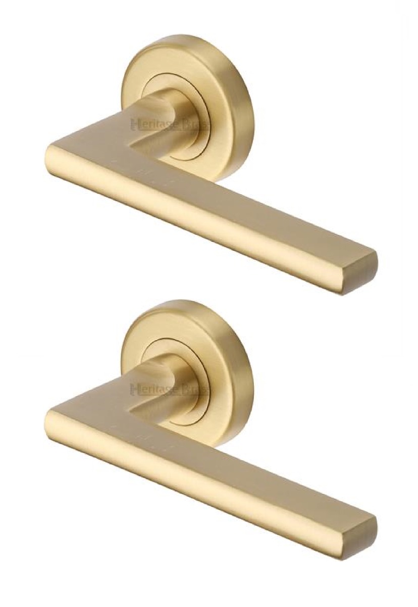 Heritage Brass TRI1352-SB Door Handle Lever Latch on Round Rose Trident Design Satin Brass finish