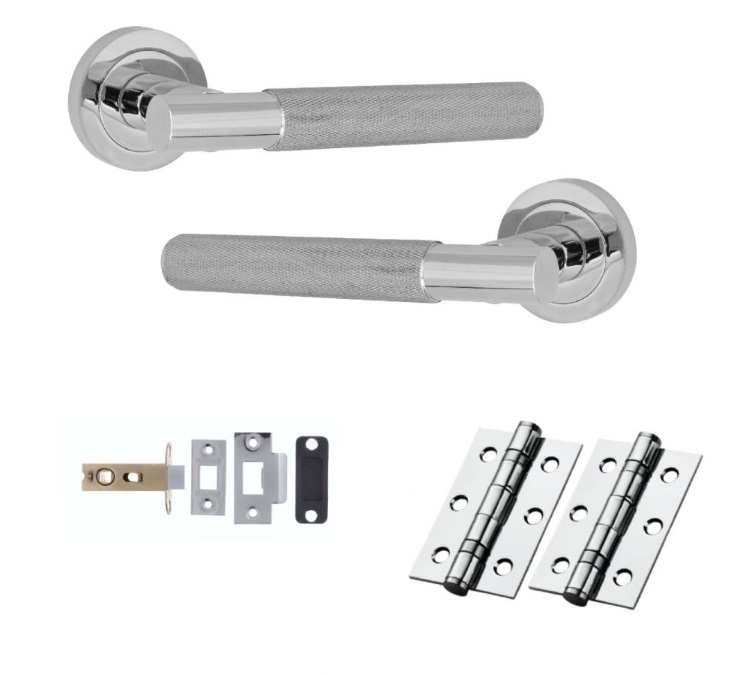 IRONZONE LVR015CP Marino Knurled Lever Door Handle on Rose - Latch Pack - Polished Chrome