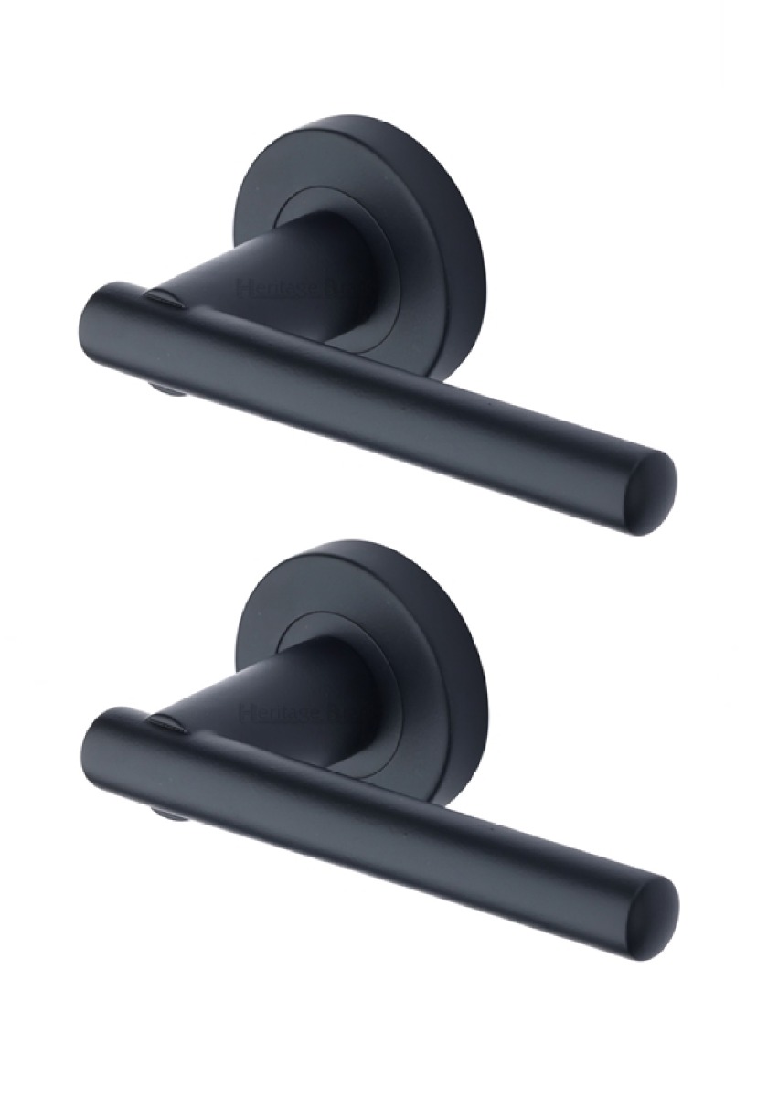 Heritage Brass Door Handle Lever Latch on Round Rose Challenger Design Matt Black   V1001-BKMT