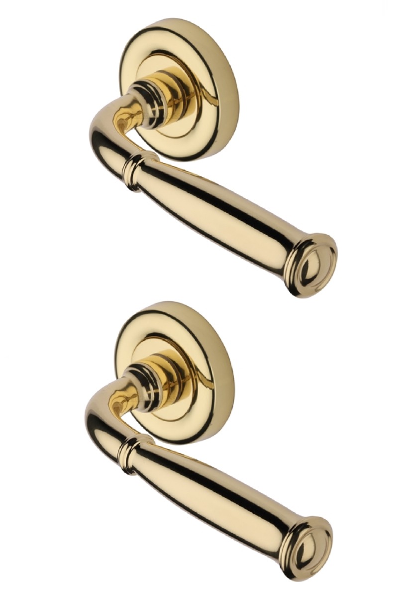 Heritage Brass Door Handle Lever Latch on Round Rose Lincoln Design Polished Brass _x000D_
  V1938-PB