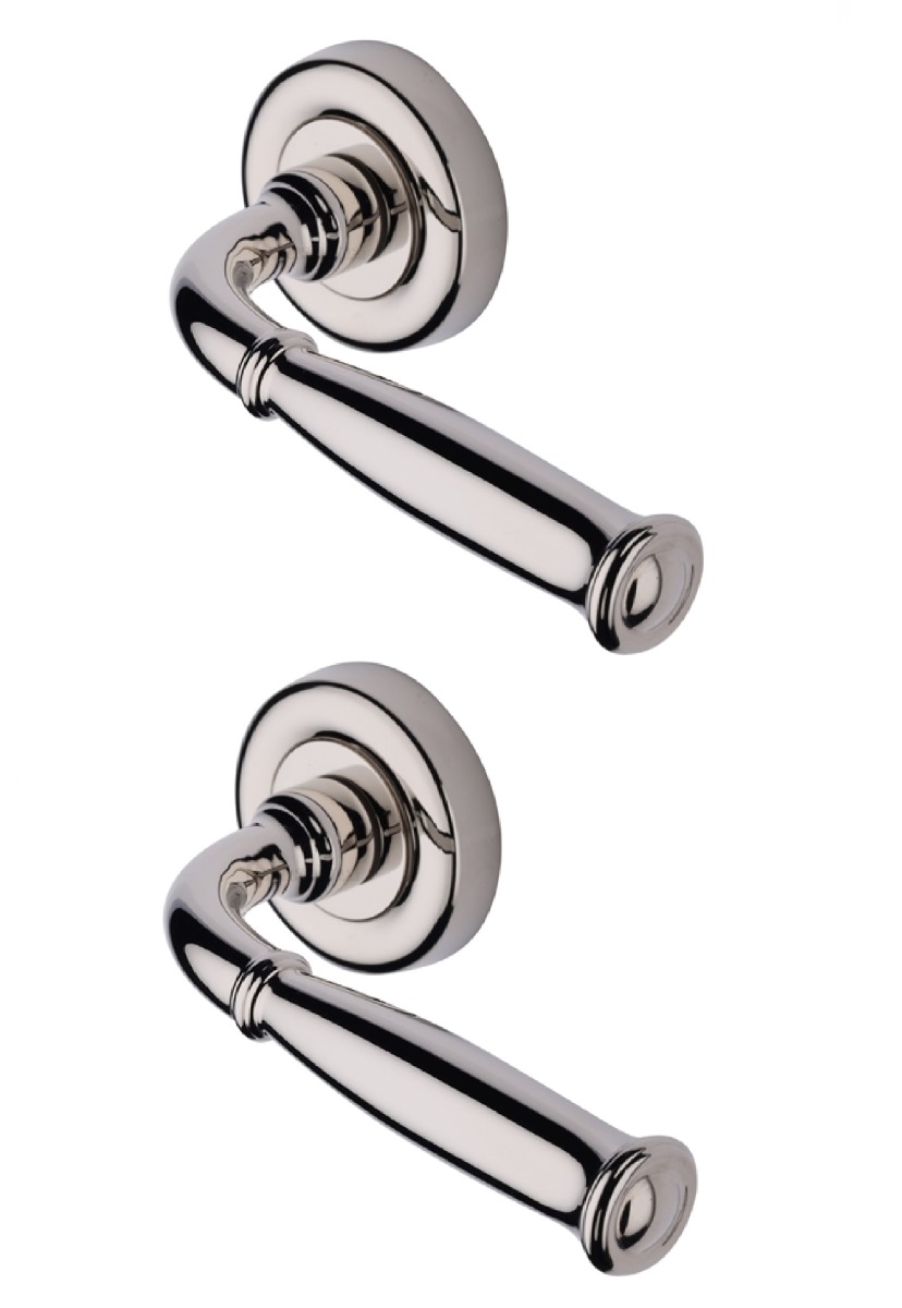 Heritage Brass Door Handle Lever Latch on Round Rose Lincoln Design Polished Nickel _x000D_
  V1938-PNF