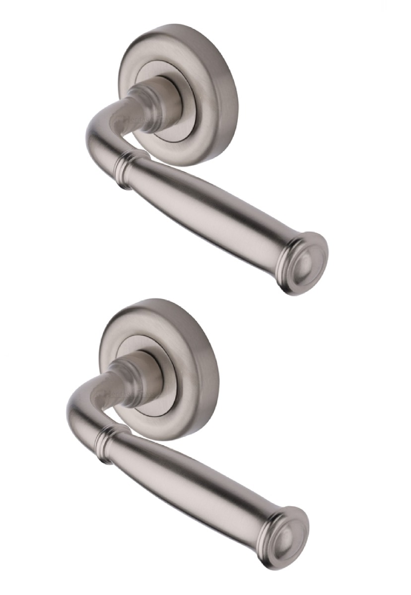 Heritage Brass Door Handle Lever Latch on Round Rose Lincoln Design Satin Nickel   V1938-SN