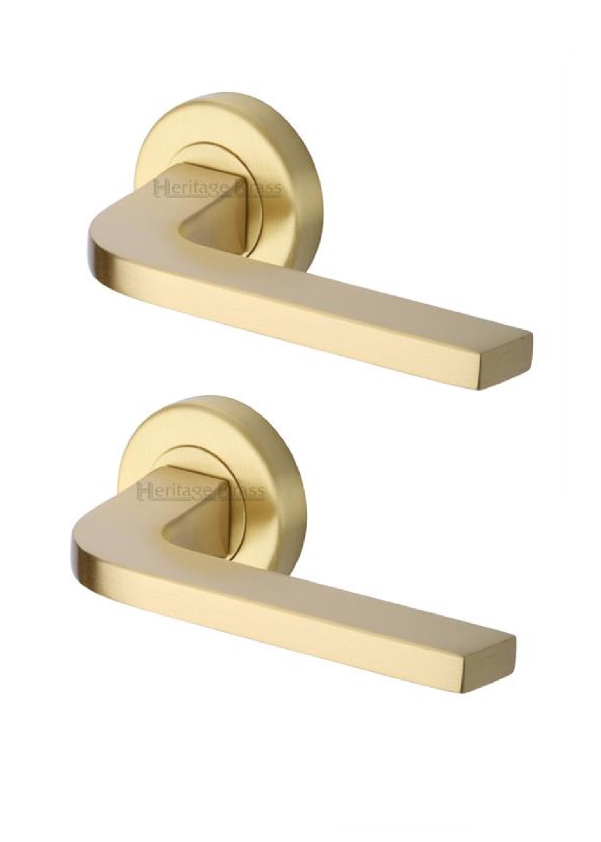 Heritage Brass V2015-SB Door Handle Lever on Rose Bellagio Design Satin Brass Finish