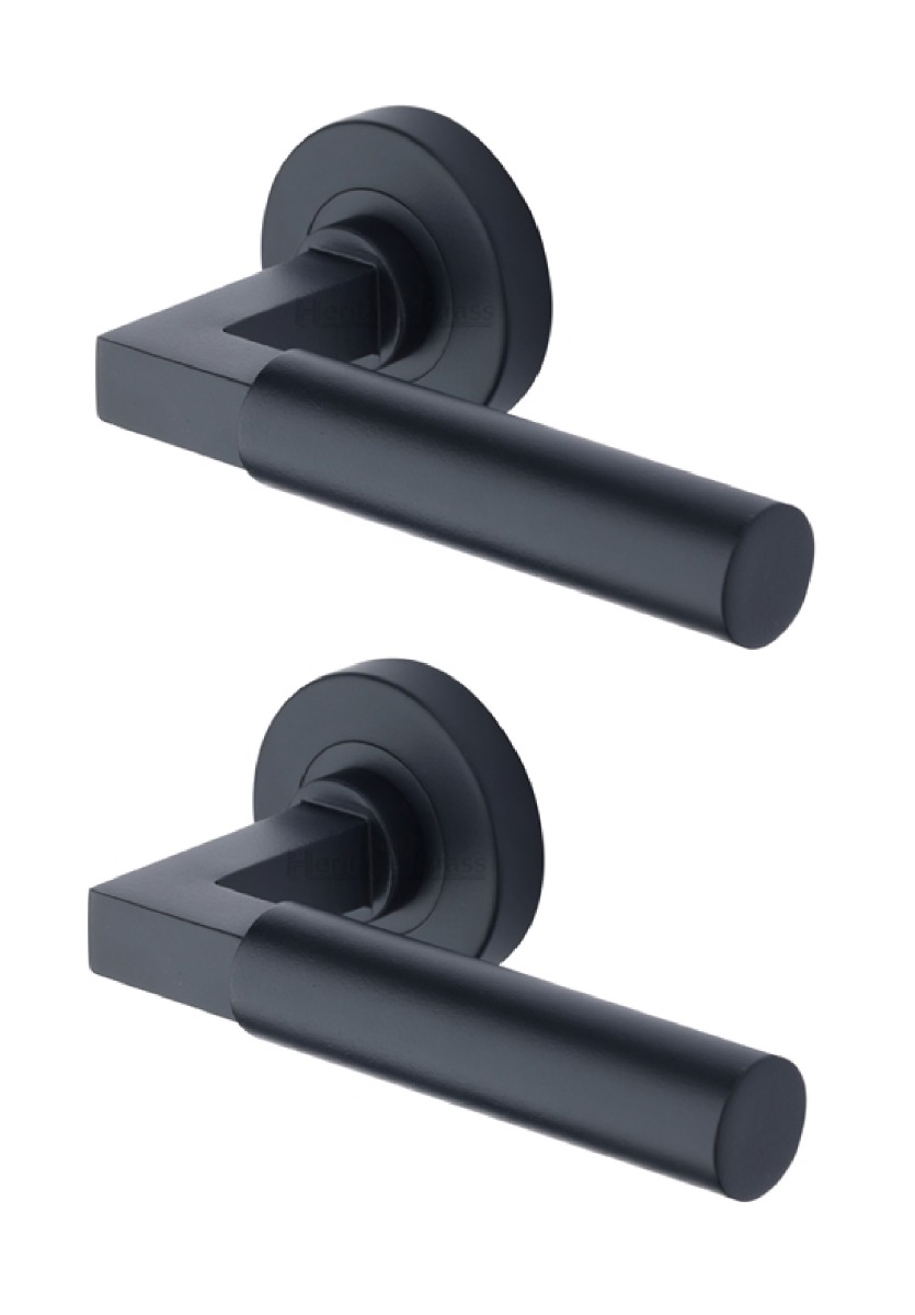 Heritage Brass Door Handle Lever on Rose Bauhaus Design Matt Black   V2259-BKMT