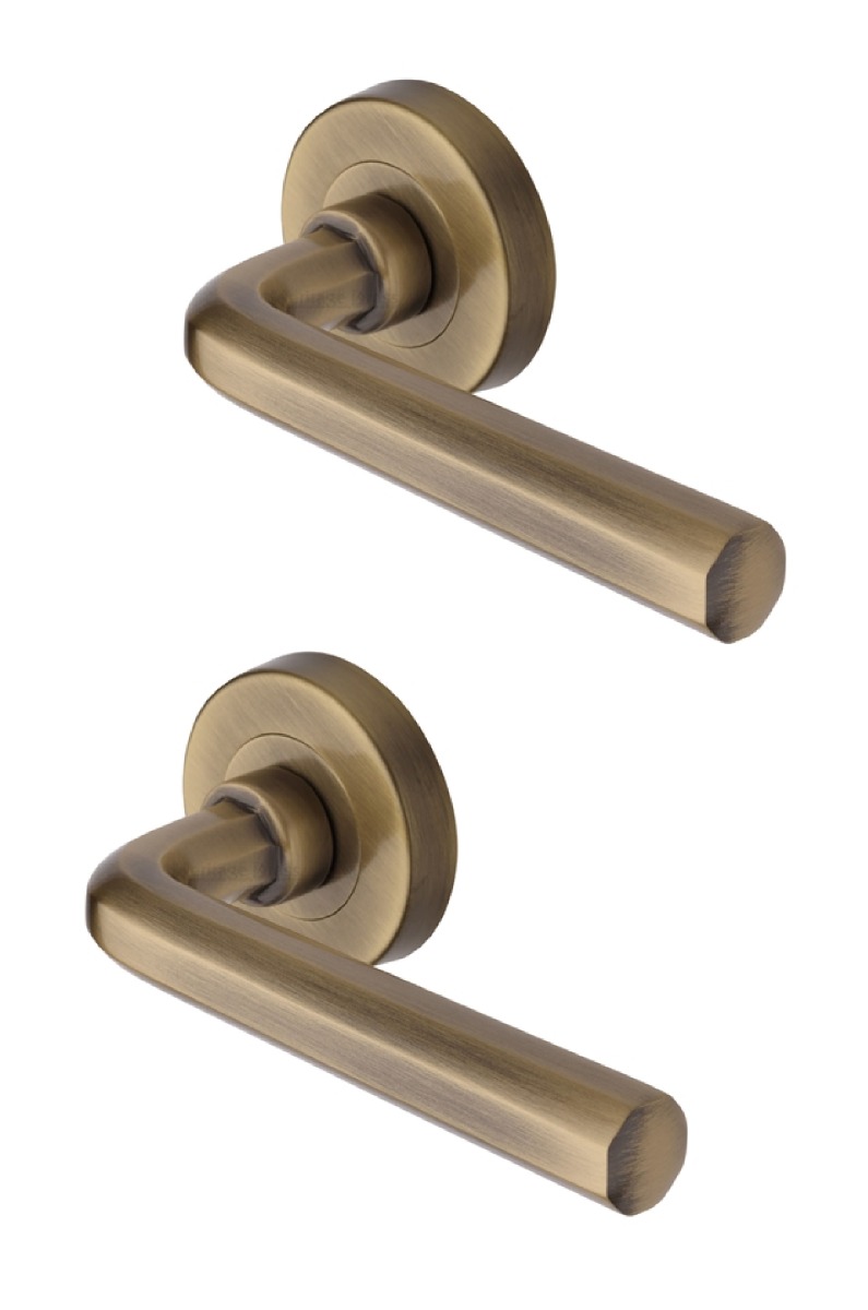 Heritage Brass Door Handle Lever Latch on Round Rose Octave Design Antique Brass   V4545-AT