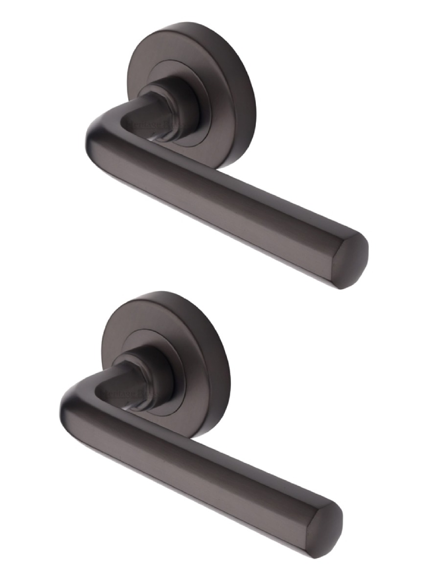 Heritage Brass Door Handle Lever Latch on Round Rose Octave Design Matt Bronze   V4545-MB