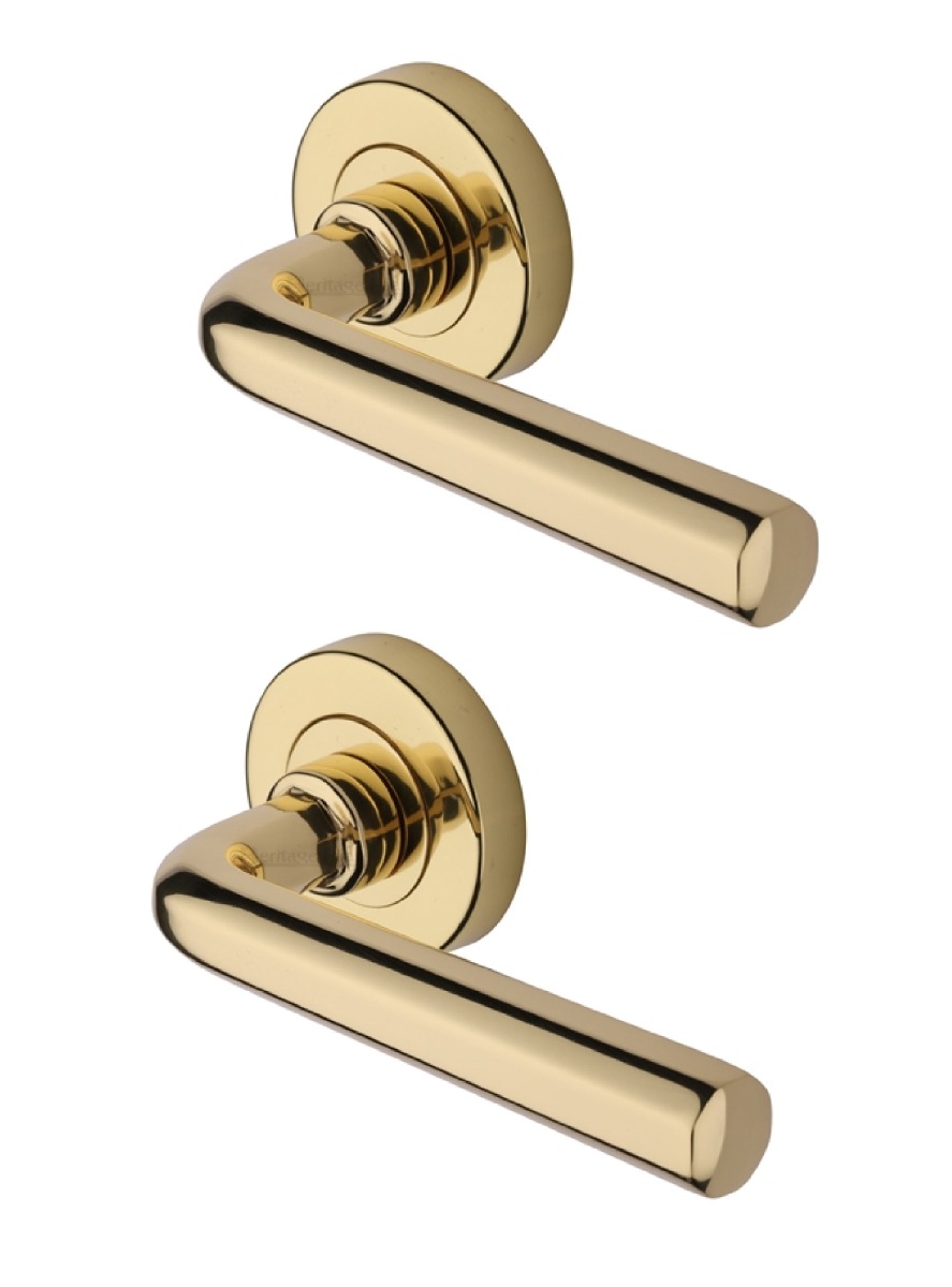 Heritage Brass Door Handle Lever Latch on Round Rose Octave Design Polished Brass   V4545-PB