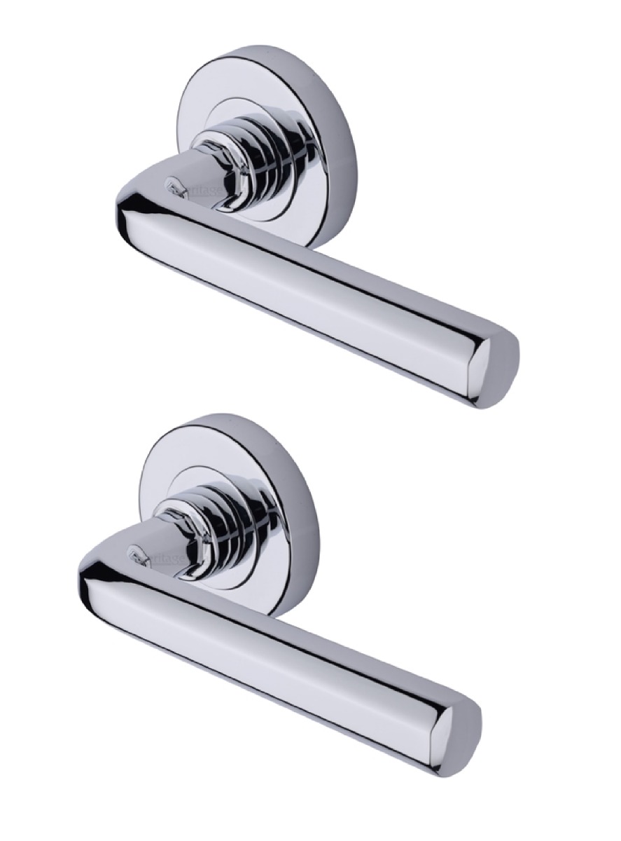 Heritage Brass Door Handle Lever Latch on Round Rose Octave Design Polished Chrome   V4545-PC