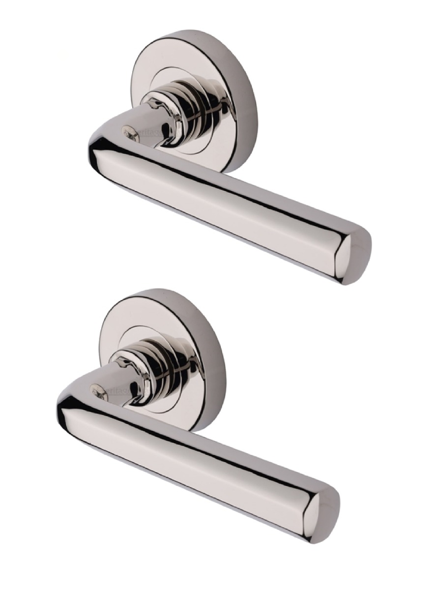 Heritage Brass Door Handle Lever Latch on Round Rose Octave Design Polished Nickel   V4545-PNF