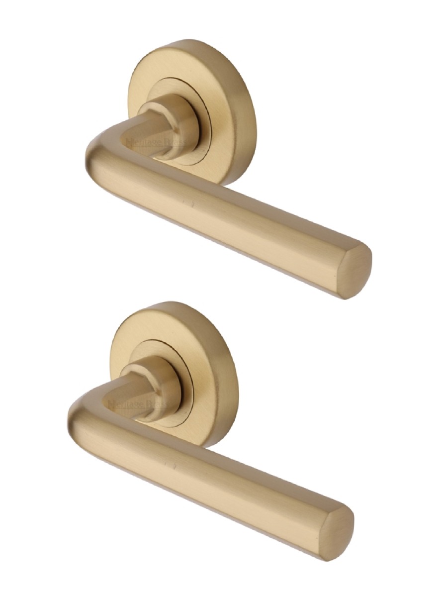 Heritage Brass Door Handle Lever Latch on Round Rose Octave Design Satin Brass   V4545-SB