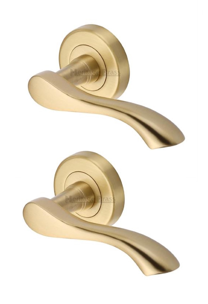 Heritage Brass V7210-SB Door Handle Lever Latch on Round Rose Algarve Design Satin Brass finish