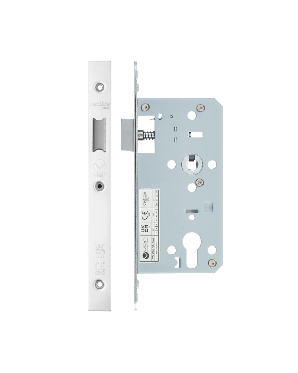 Vier VDL0055-PSS Din Euro Deadlock- Backset 55mm - 2 Pc Forend - Square - PSS - Polished Stainless Steel