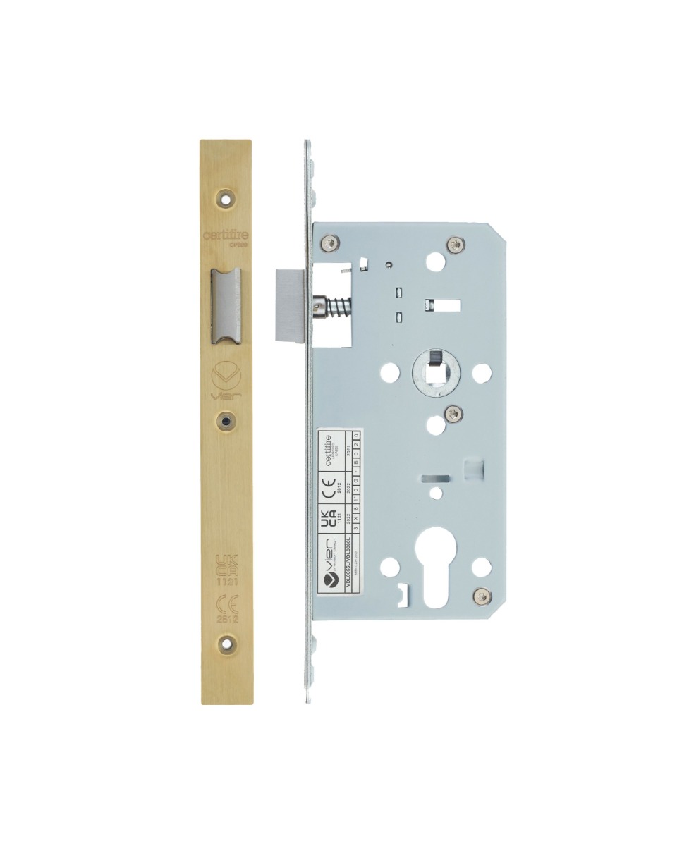 Vier VDL0055-PVDSB Din Euro Deadlock- Backset 55mm - 2 Pc Forend - Square - PVDSB - Satin Brass Effect