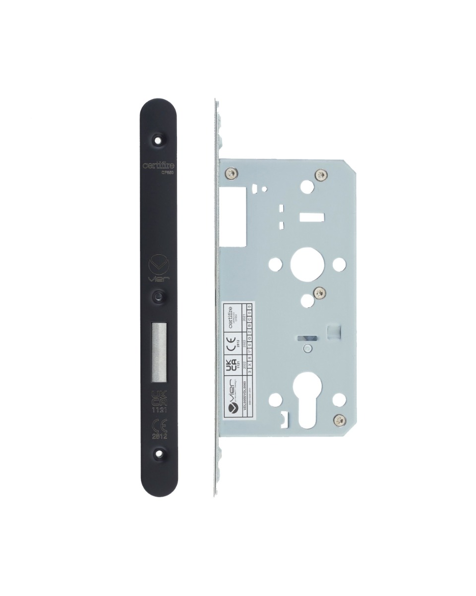 Vier VDL0055-R-PCB Din Euro Deadlock- Backset 55mm - 2 Pc Forend - Radius - PCB - Powder Coated Black