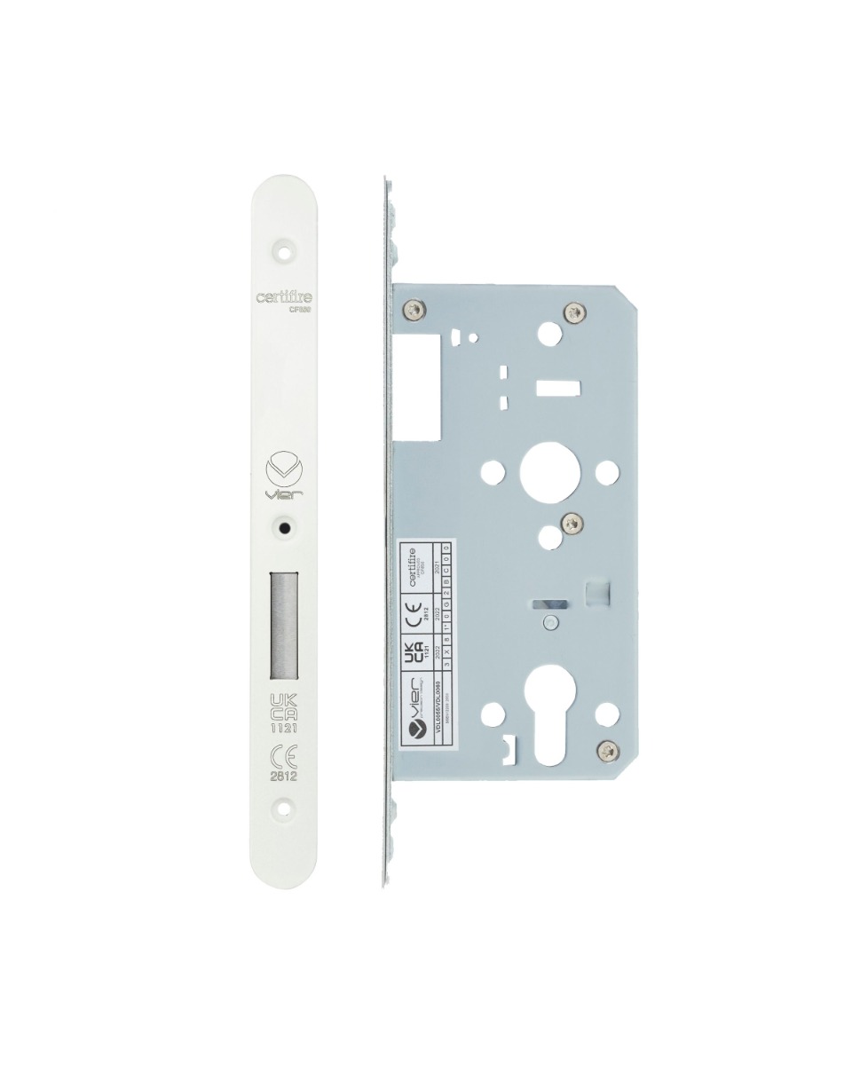 Vier VDL0055-R-PCW Din Euro Deadlock- Backset 55mm - 2 Pc Forend - Radius - PCW - Powder Coated White