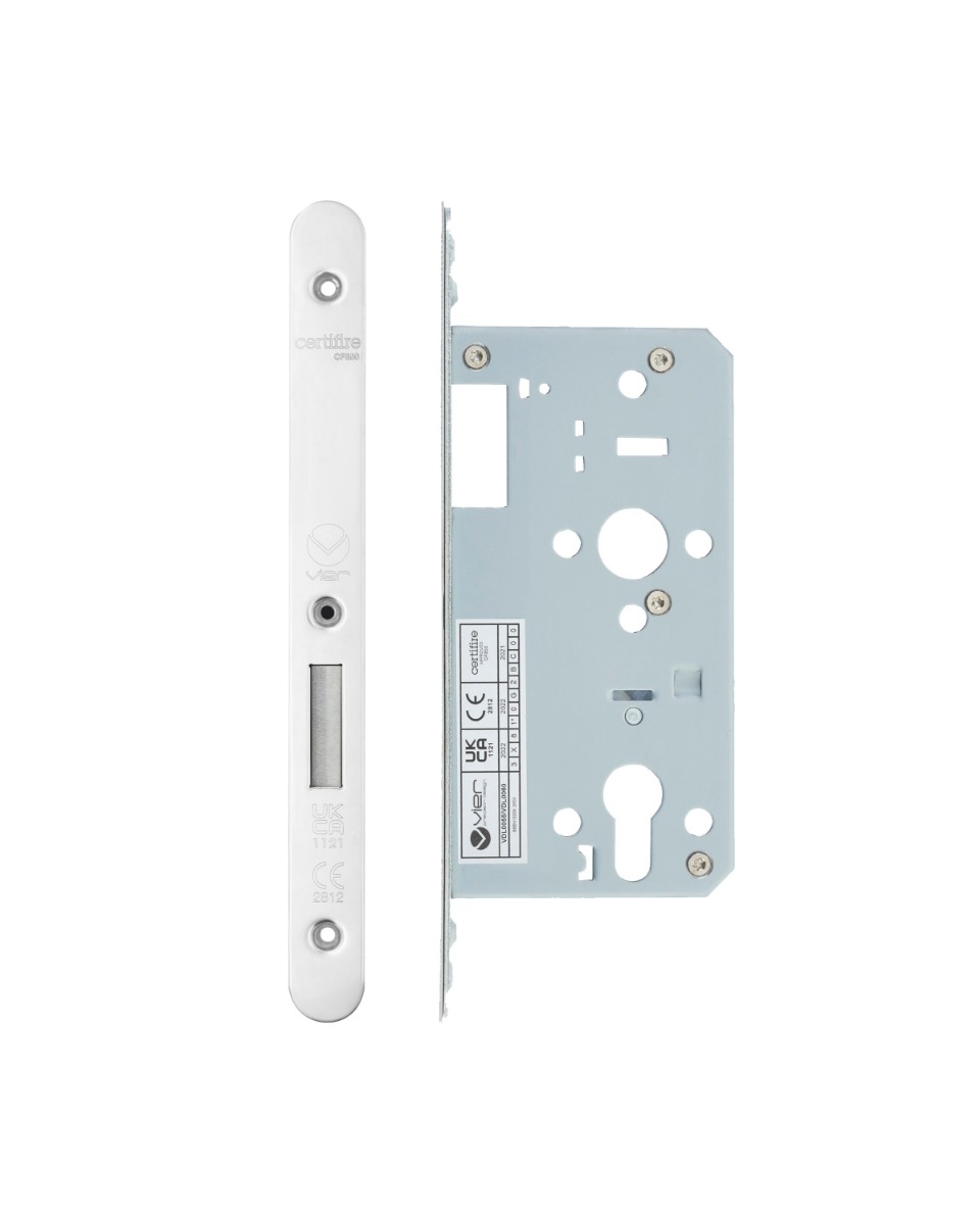 Vier VDL0055-R-PSS Din Euro Deadlock- Backset 55mm - 2 Pc Forend - Radius - PSS - Polished Stainless Steel