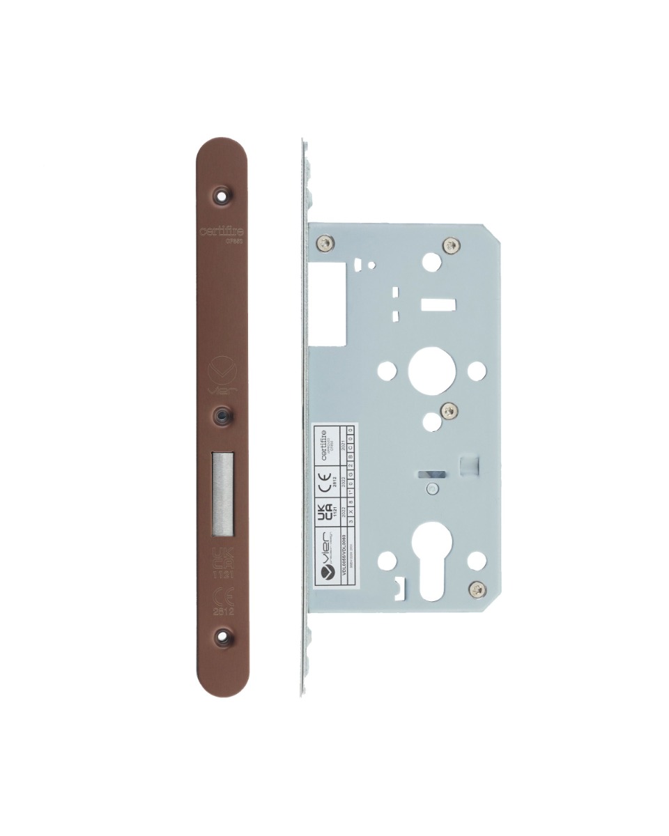 Vier VDL0055-R-PVDBZ Din Euro Deadlock- Backset 55mm - 2 Pc Forend - Radius - PVDBZ- Satin Bronze Effect