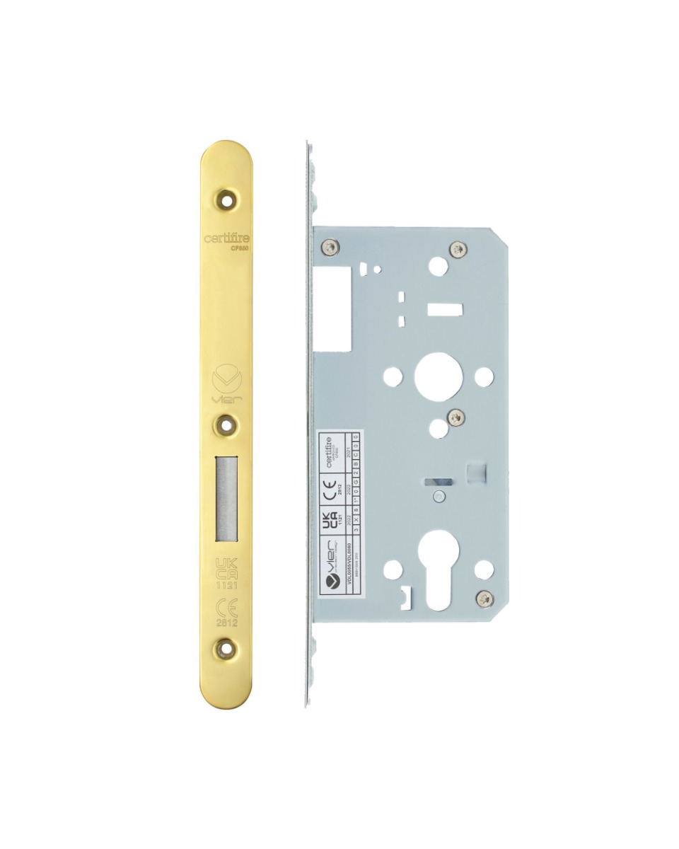 Vier VDL0055-R-PVDG Din Euro Deadlock- Backset 55mm - 2 Pc Forend - Radius - PVDG - Polished Brass Effect