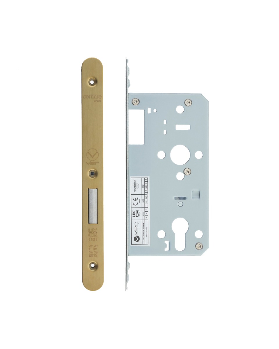 Vier VDL0055-R-PVDSB Din Euro Deadlock- Backset 55mm - 2 Pc Forend - Radius - PVDSB- Satin Brass Effect