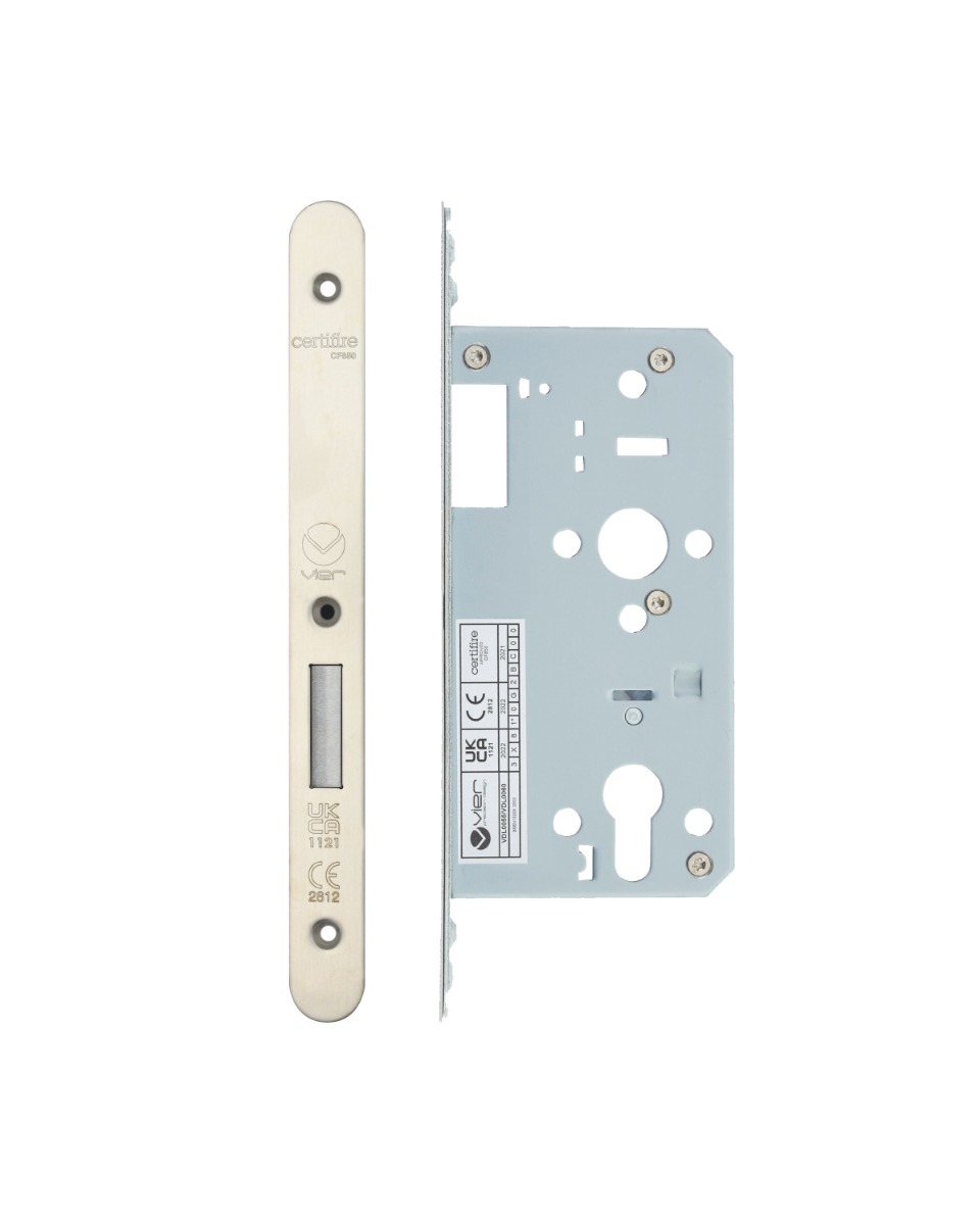 Vier VDL0055-R-SSS Din Euro Deadlock- Backset 55mm - 2 Pc Forend - Radius - SSS - Satin Stainless Steel