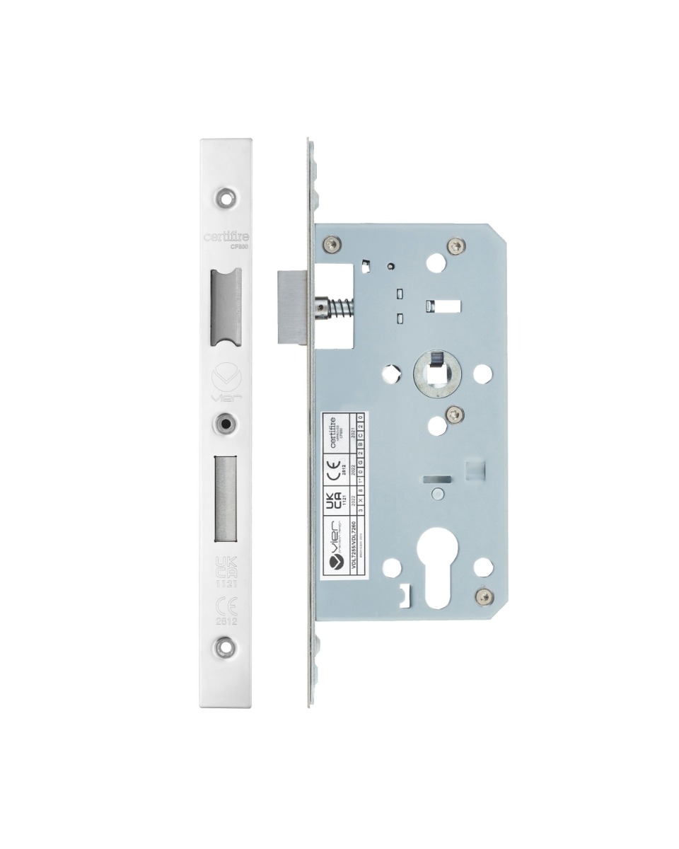 Vier VDL7255-PSS Din Euro Sashlock- Backset 55mm - 2 Pc Forend - Square - PSS - Polished Stainless Steel