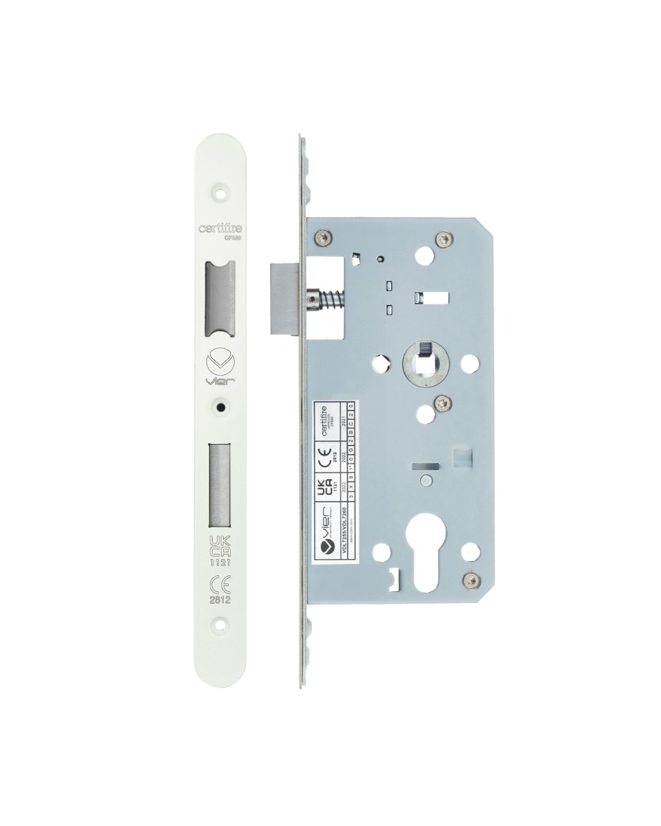 Vier VDL7255-R-PCW Din Euro Sashlock- Backset 55mm - 2 Pc Forend - Radius - PCW - Powder Coated White