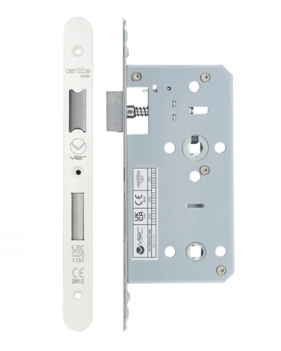 Vier VDL7855-R-PCW Din Bathroom- Backset 55mm - 2 Pc Forend - Radius - PCW - Powder Coated White
