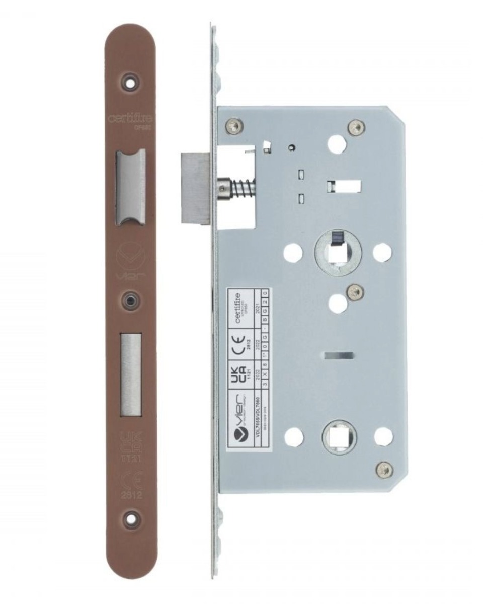 Vier VDL7855-R-PVDBZ Din Bathroom- Backset 55mm - 2 Pc Forend - Radius - PVDBZ- Satin Bronze Effect