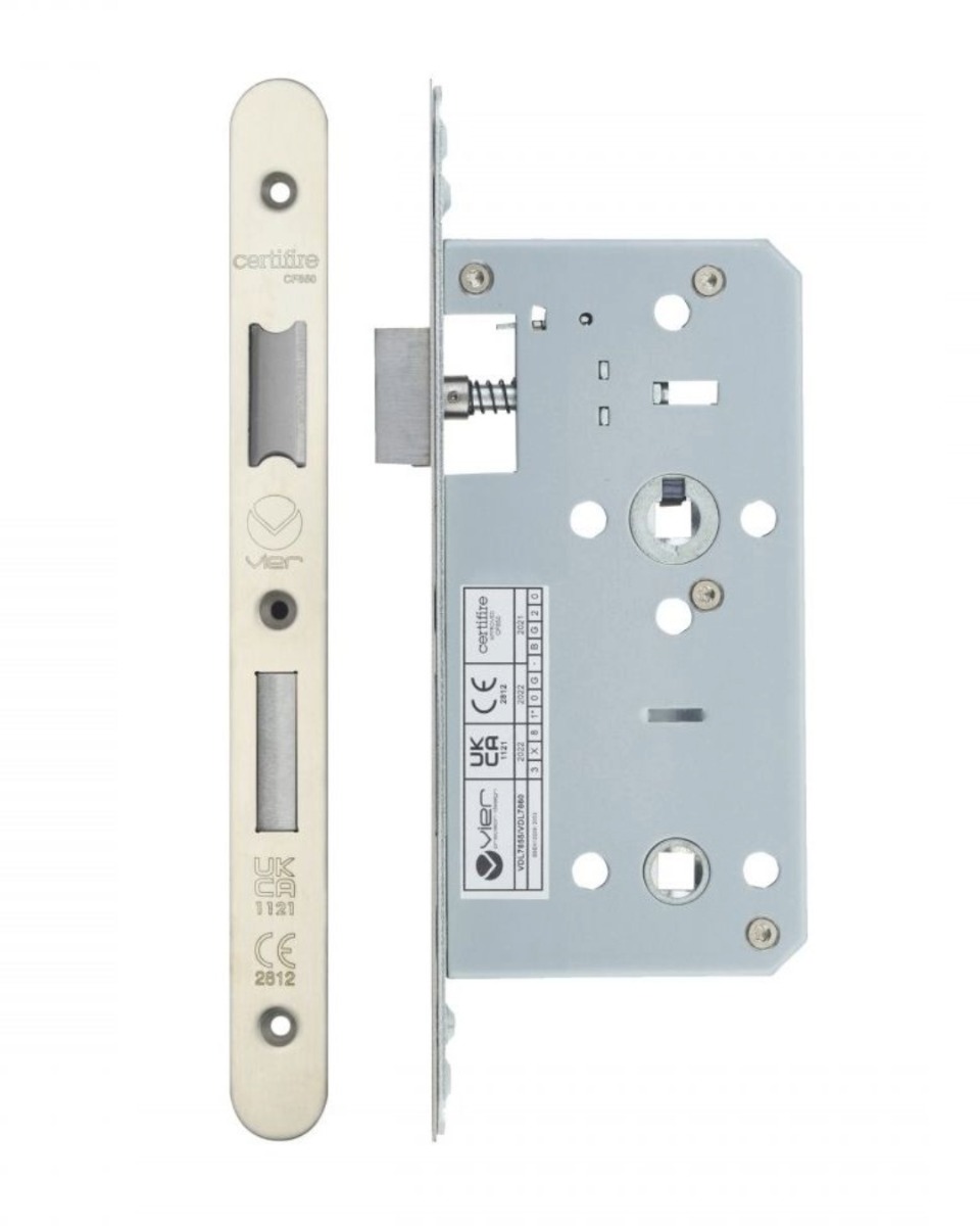 Vier VDL7855-R-SSS Din Bathroom- Backset 55mm - 2 Pc Forend - Radius - SSS - Satin Stainless Steel