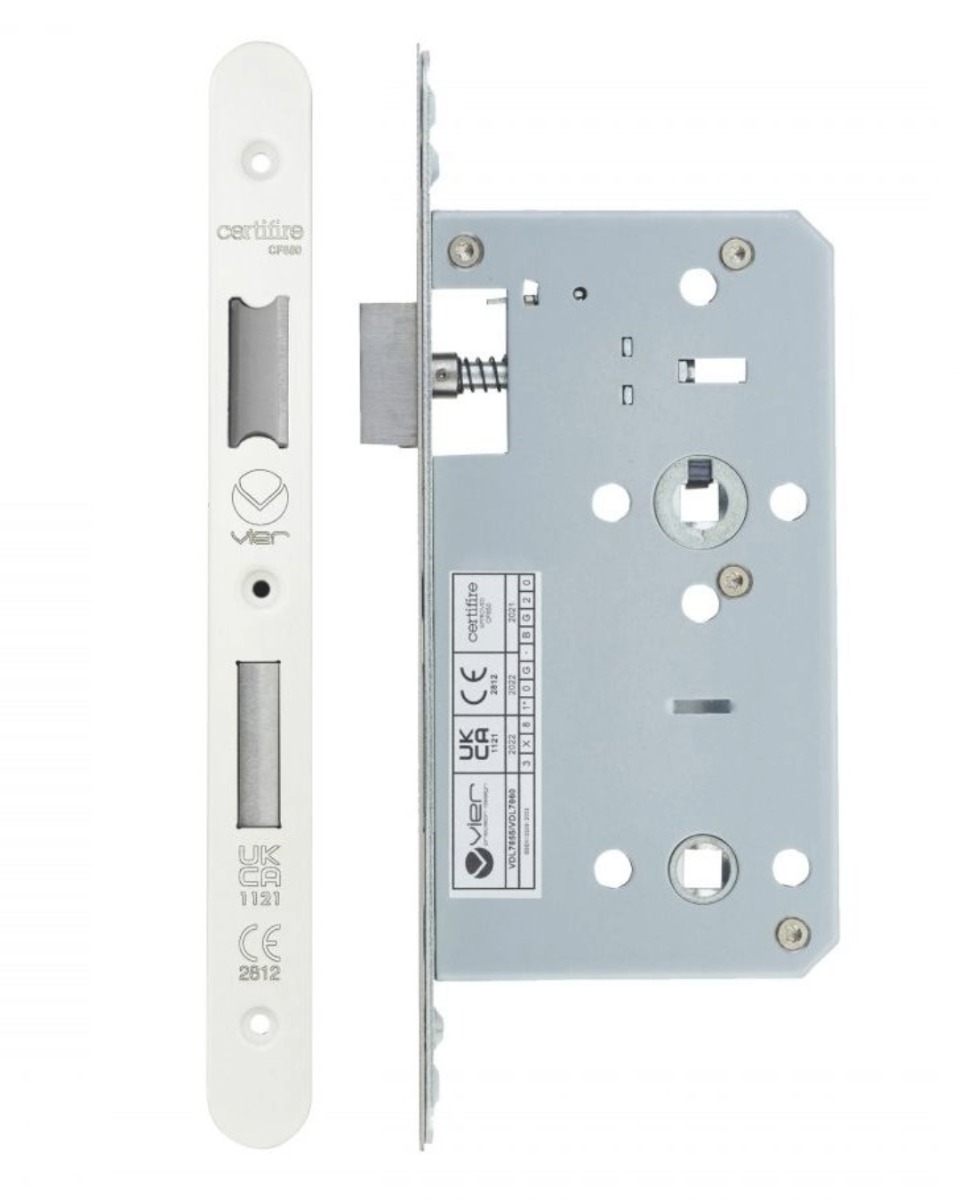 Vier VDL7860-R-PCW Din Bathroom- Backset 60mm - 2 Pc Forend - Radius - PCW - Powder Coated White