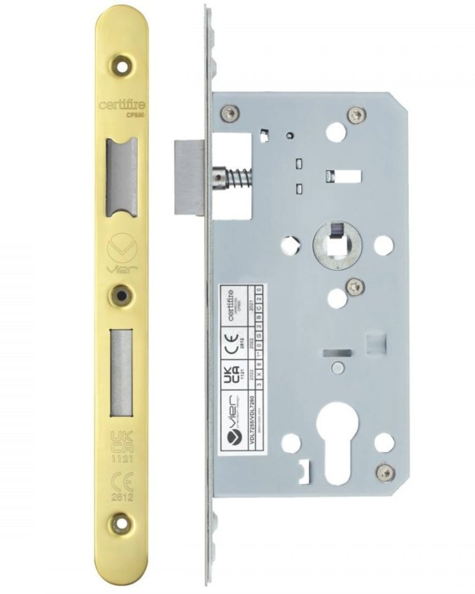 Vier VDL7255-R-PVDG Din Euro Sashlock- Backset 55mm - 2 Pc Forend - Radius - PVDG - Polished Brass Effect