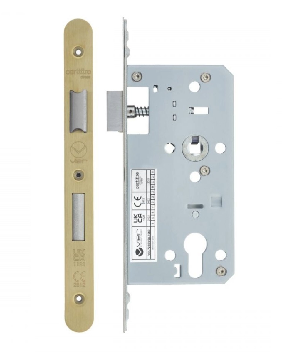 Vier VDL7255-R-PVDSB Din Euro Sashlock- Backset 55mm - 2 Pc Forend - Radius - PVDSB- Satin Brass Effect