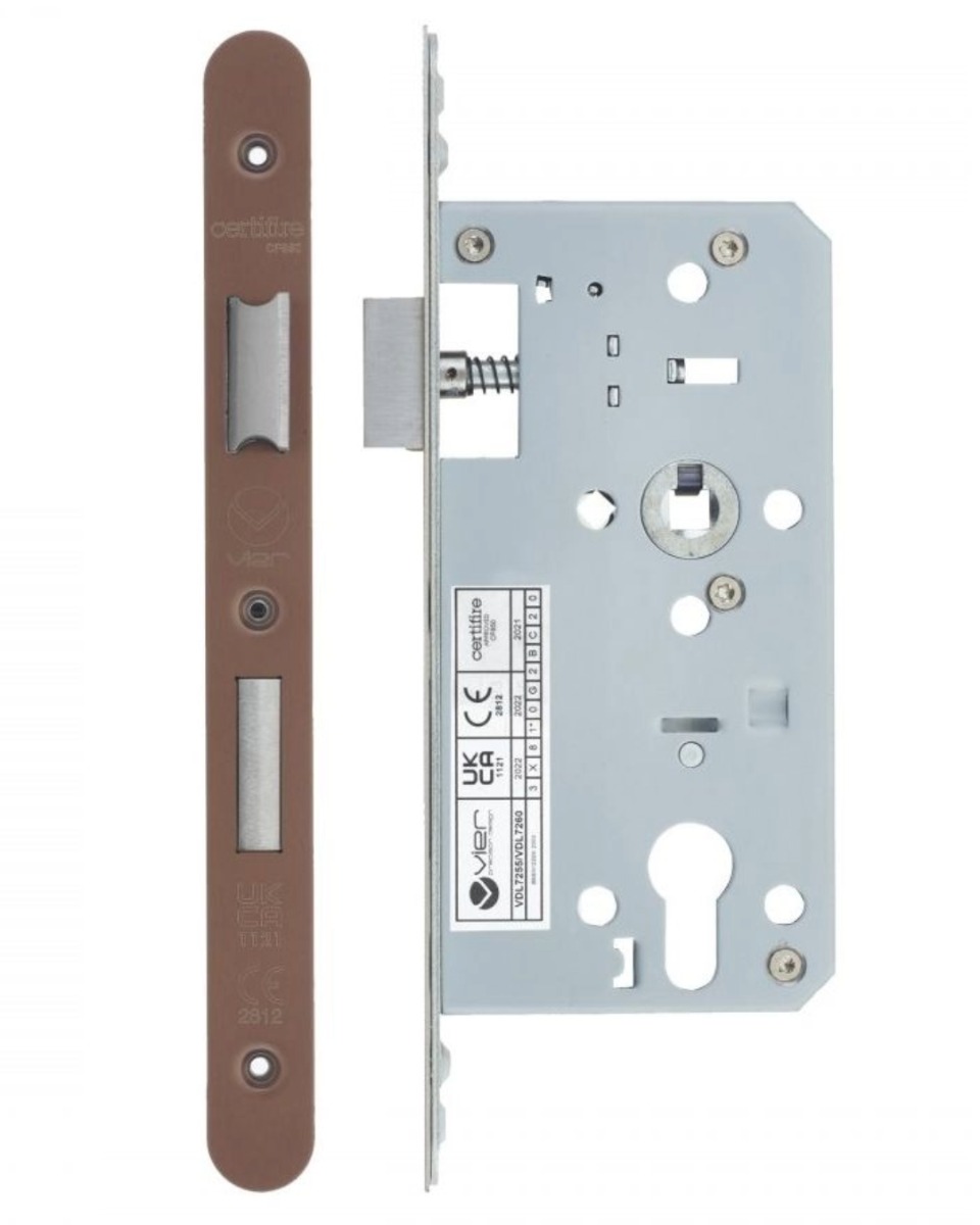 Vier VDL7255-R-PVDBZ Din Euro Sashlock- Backset 55mm - 2 Pc Forend - Radius - PVDBZ- Satin Bronze Effect