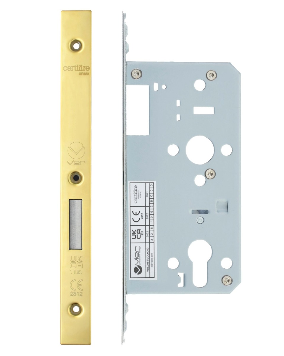 Vier VDL0055-PVDG Din Euro Deadlock- Backset 55mm - 2 Pc Forend - Square - PVDG- Polished Brass Effect