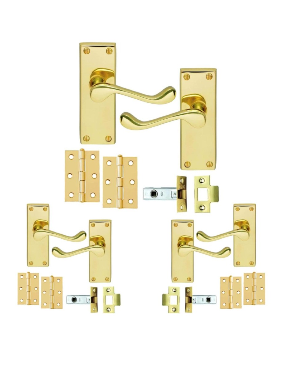 IRONZONE 3 Sets Victorian Scroll Lever on Latch Profile Backplate - Latch Pack - Polished Brass
