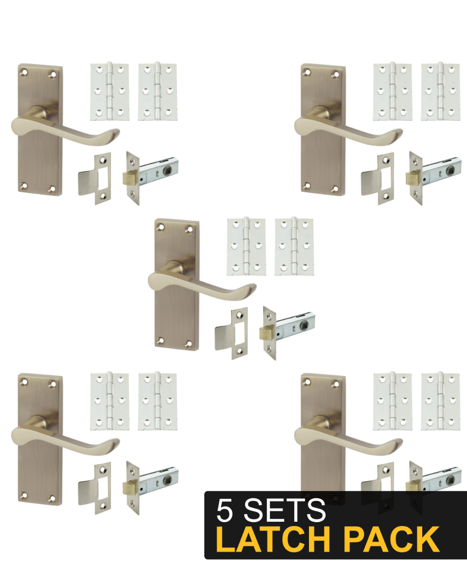 IRONZONE 5 Sets Victorian Scroll Lever on Latch Profile Backplate - Latch Pack - Satin Nickel