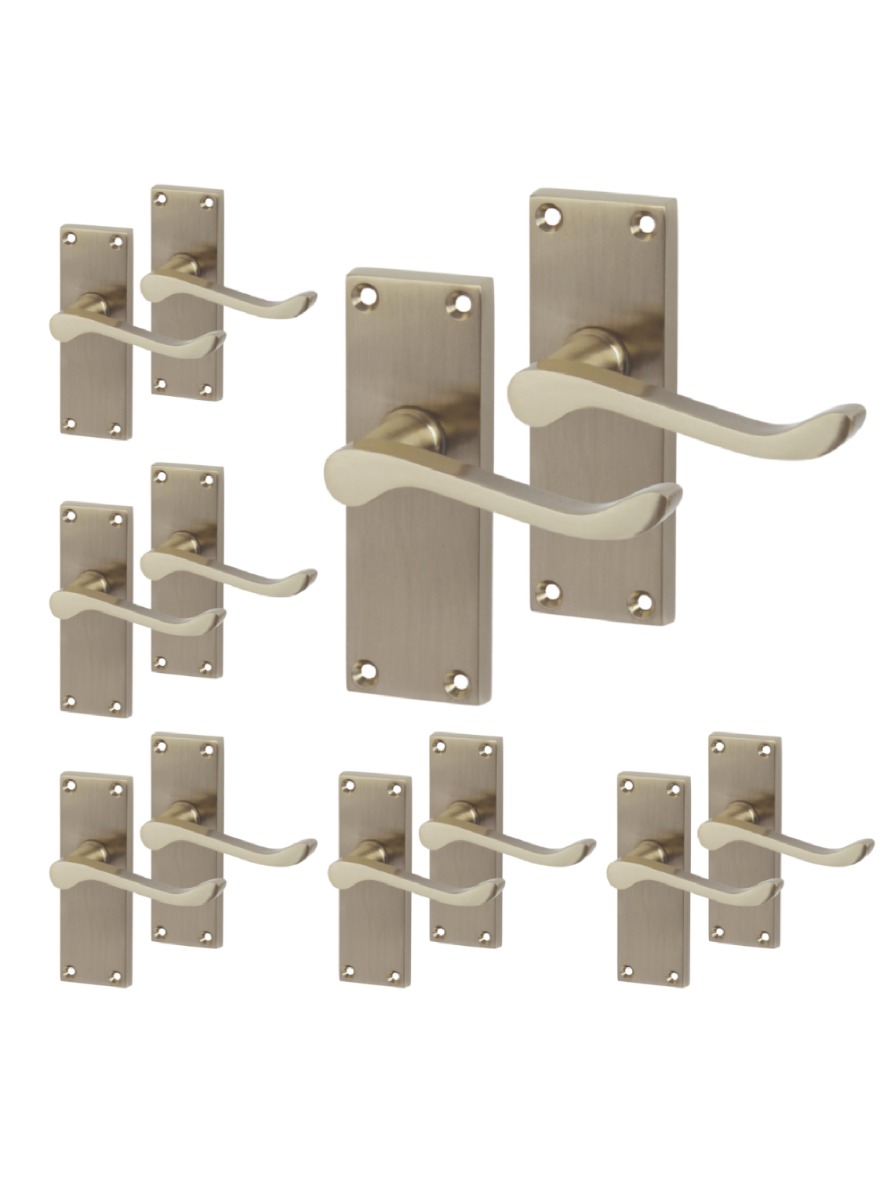 IRONZONE 6 Sets Victorian Scroll Lever on Latch Profile Backplate - Satin Nickel