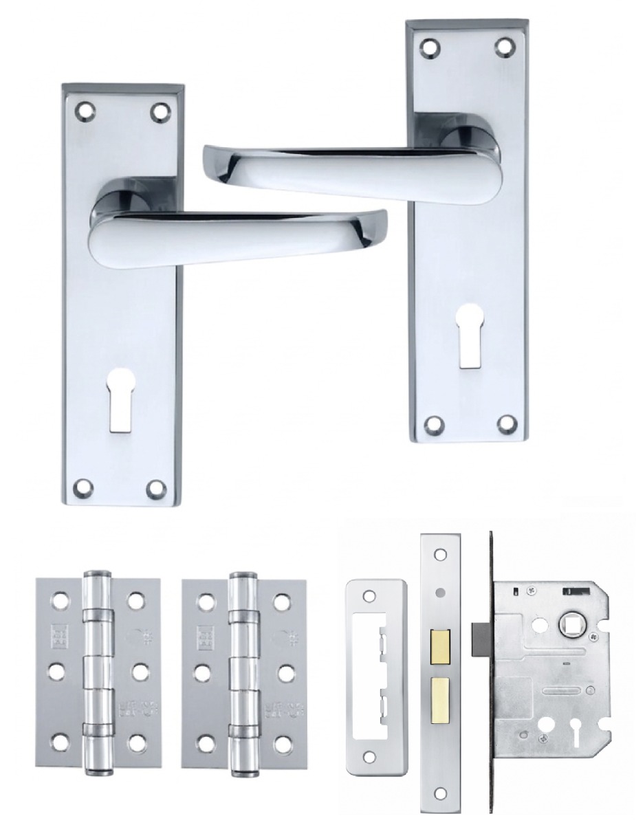 IRONZONE Victorian Straight Lever on Lock Profile Backplate - Lock Pack - Polished Chrome