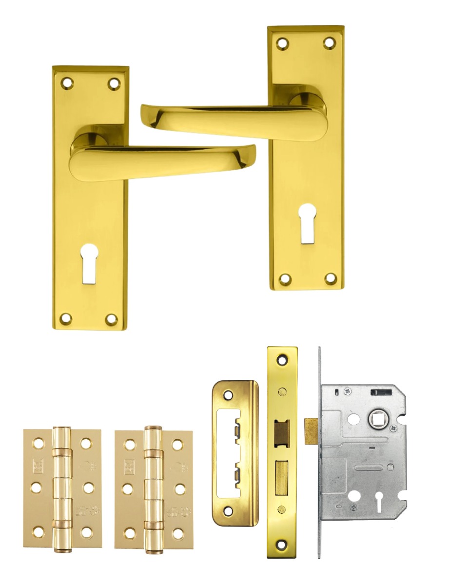 IRONZONE Victorian Straight Lever on Lock Profile Backplate - Lock Pack - Polished Brass