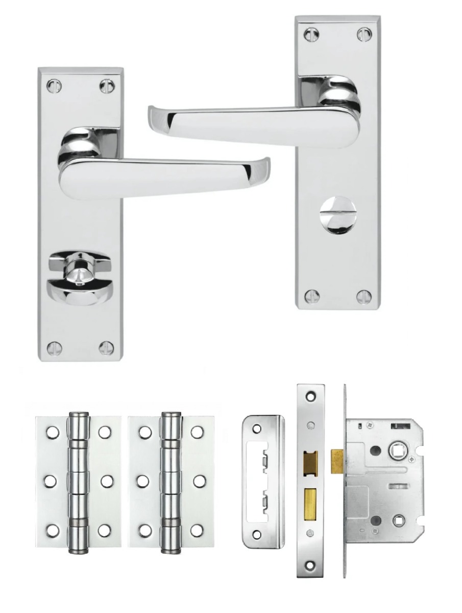 IRONZONE Victorian Straight Lever on Bathroom Profile Backplate - Bathroom Lock Pack - Polished Chrome